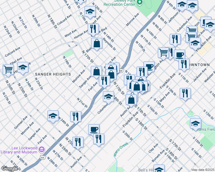 map of restaurants, bars, coffee shops, grocery stores, and more near in Waco