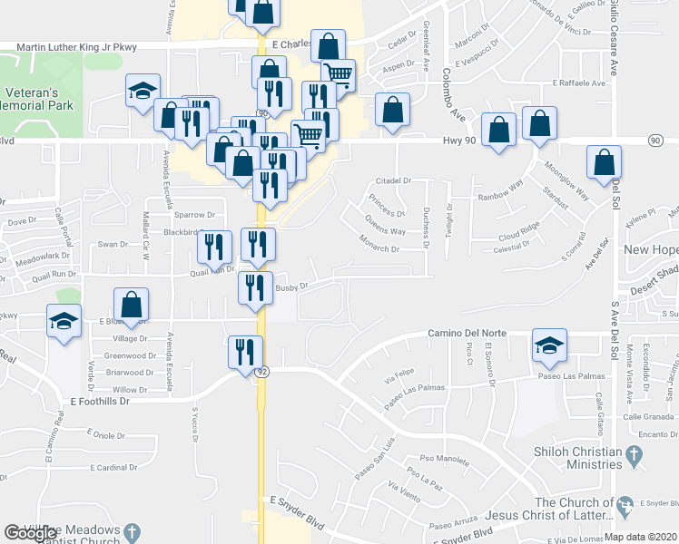 map of restaurants, bars, coffee shops, grocery stores, and more near 4310 Desert Springs Trail in Sierra Vista