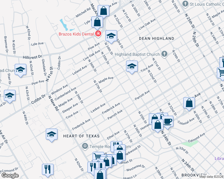 map of restaurants, bars, coffee shops, grocery stores, and more near 3525 Trice Avenue in Waco