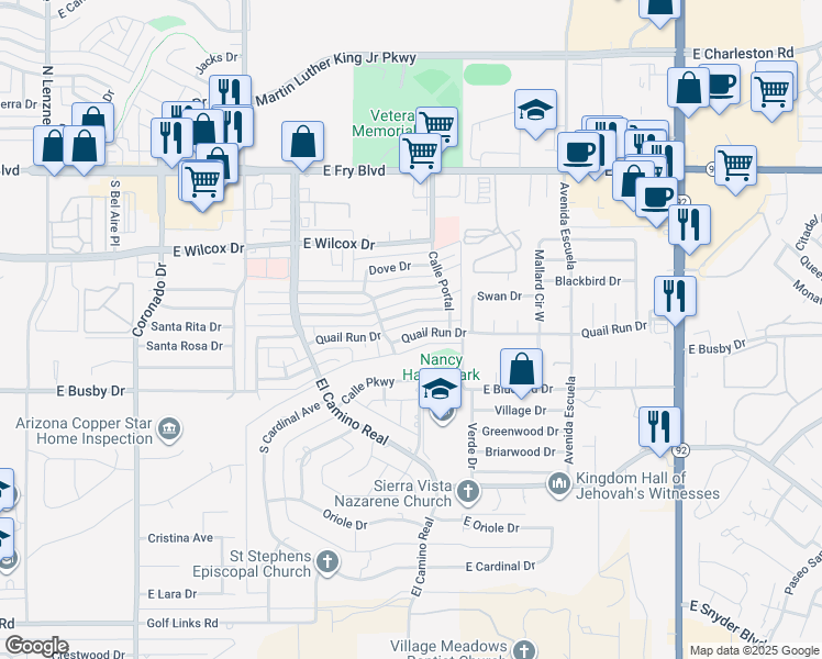 map of restaurants, bars, coffee shops, grocery stores, and more near 2965 Quail Run Drive in Sierra Vista