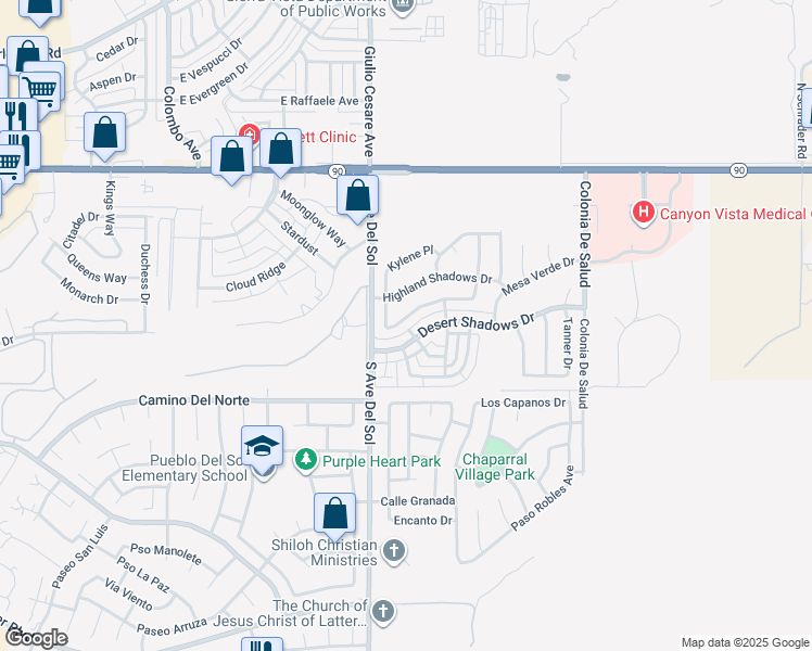 map of restaurants, bars, coffee shops, grocery stores, and more near 5280 Cedar Springs Drive in Sierra Vista