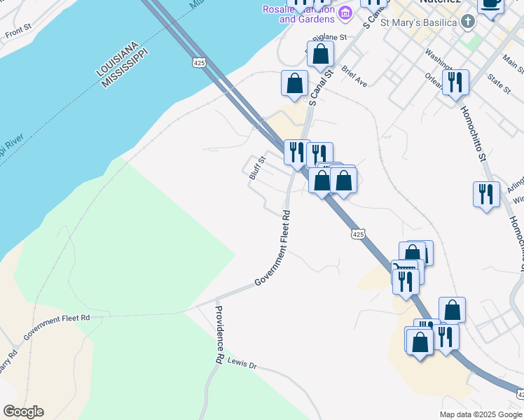 map of restaurants, bars, coffee shops, grocery stores, and more near 16 Oscar Street in Natchez