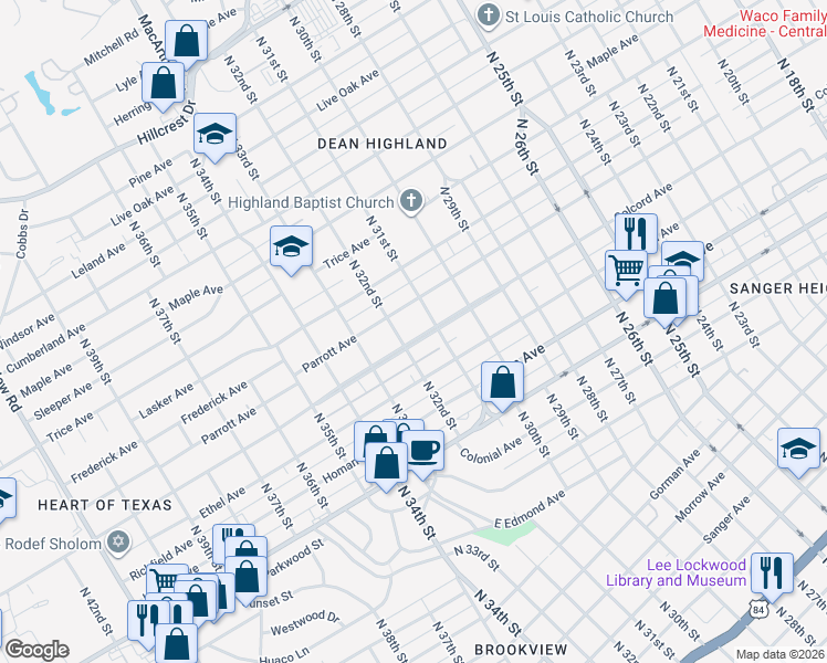 map of restaurants, bars, coffee shops, grocery stores, and more near 3117 Colcord Avenue in Waco