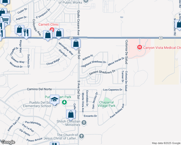 map of restaurants, bars, coffee shops, grocery stores, and more near 5305 Desert Shadows Drive in Sierra Vista