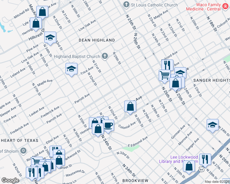 map of restaurants, bars, coffee shops, grocery stores, and more near 3028 Colcord Avenue in Waco