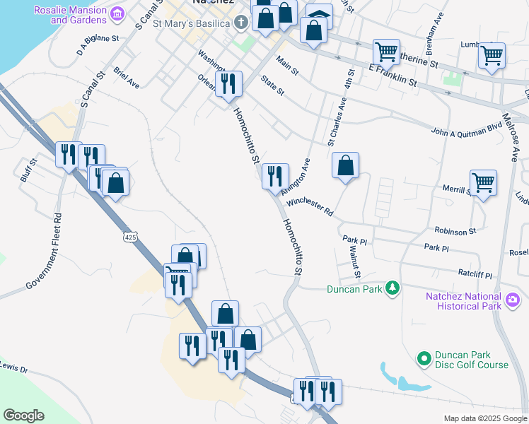 map of restaurants, bars, coffee shops, grocery stores, and more near 84 Homochitto Street in Natchez