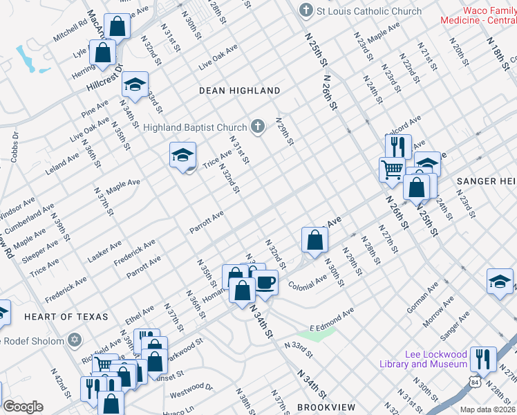 map of restaurants, bars, coffee shops, grocery stores, and more near 3117 Colcord Avenue in Waco