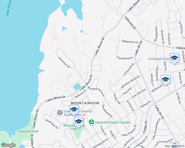 map of restaurants, bars, coffee shops, grocery stores, and more near 5216 Lake Shore Drive in Waco