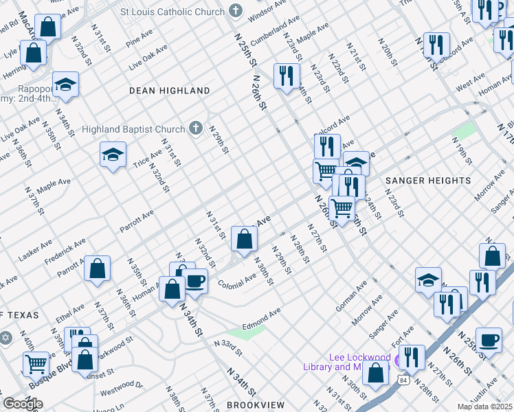 map of restaurants, bars, coffee shops, grocery stores, and more near 2900 Ethel Avenue in Waco