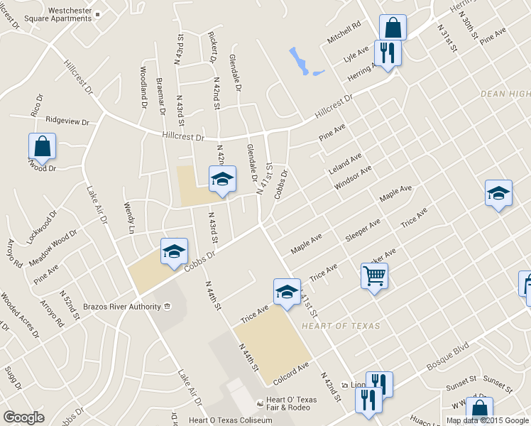 map of restaurants, bars, coffee shops, grocery stores, and more near 2209 North 41st Street in Waco