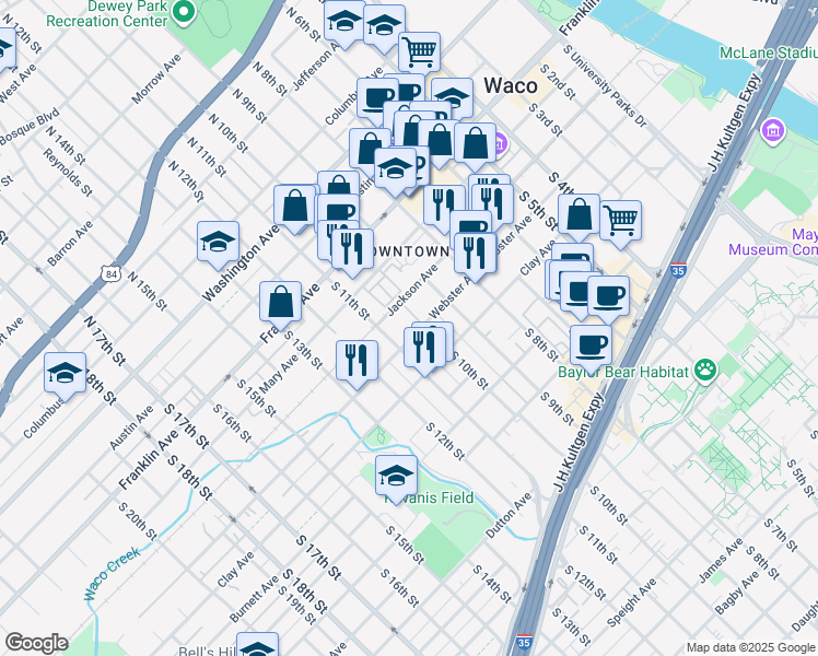 map of restaurants, bars, coffee shops, grocery stores, and more near 1001 Webster Avenue in Waco