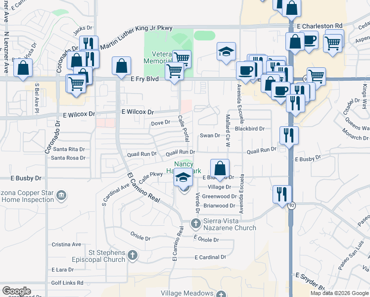 map of restaurants, bars, coffee shops, grocery stores, and more near 3065 Quail Run Drive in Sierra Vista