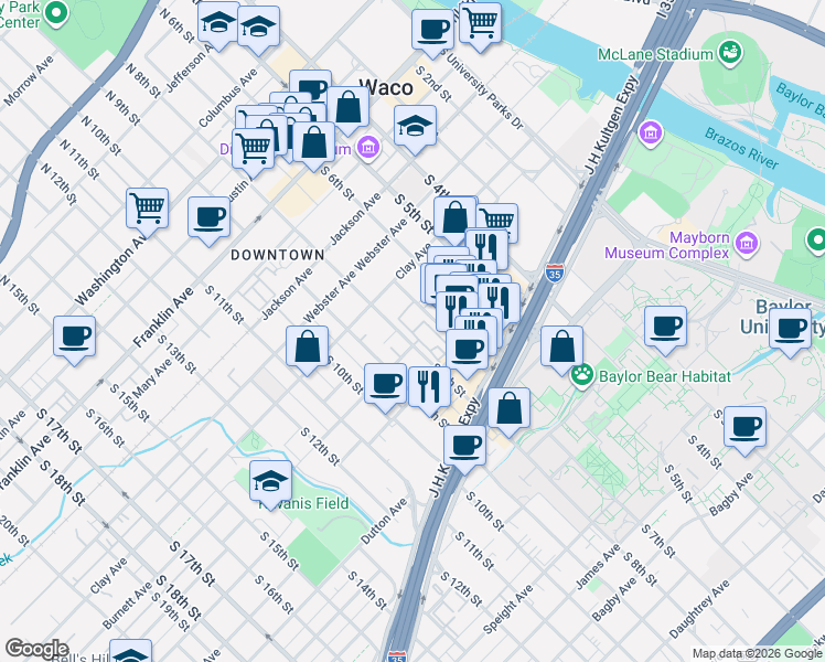 map of restaurants, bars, coffee shops, grocery stores, and more near 706 South 8th Street in Waco
