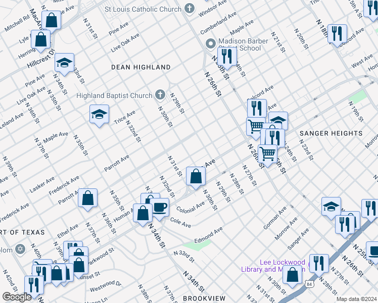 map of restaurants, bars, coffee shops, grocery stores, and more near 2925 Ethel Avenue in Waco
