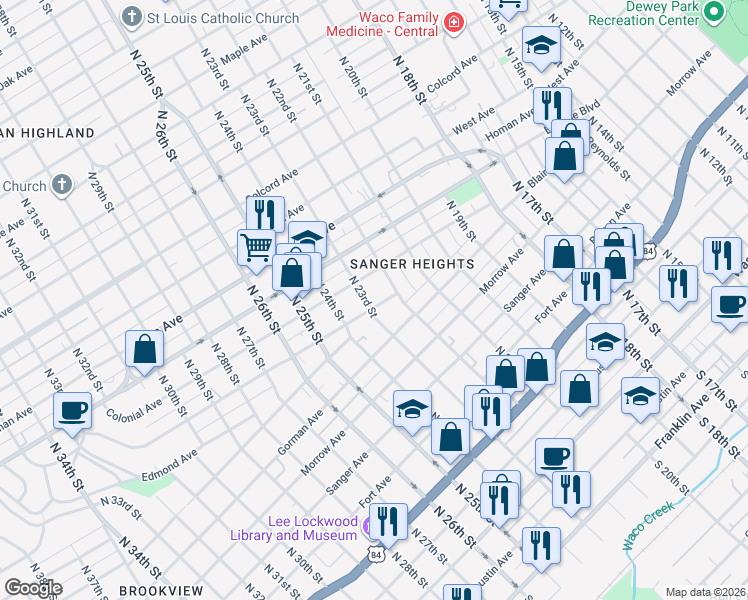 map of restaurants, bars, coffee shops, grocery stores, and more near 2217 Cole Avenue in Waco