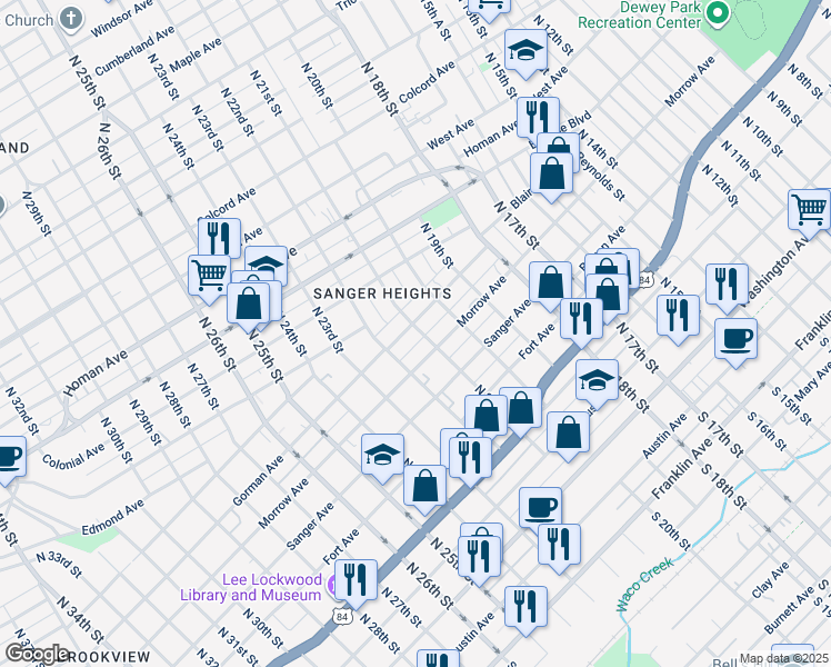 map of restaurants, bars, coffee shops, grocery stores, and more near 2100 Gorman Avenue in Waco