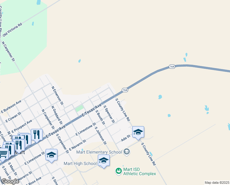 map of restaurants, bars, coffee shops, grocery stores, and more near 1601 East Texas Avenue in Mart