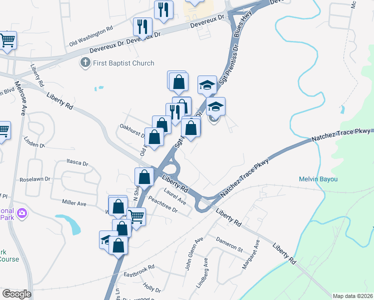 map of restaurants, bars, coffee shops, grocery stores, and more near 285 Sgt Prentiss Drive in Natchez