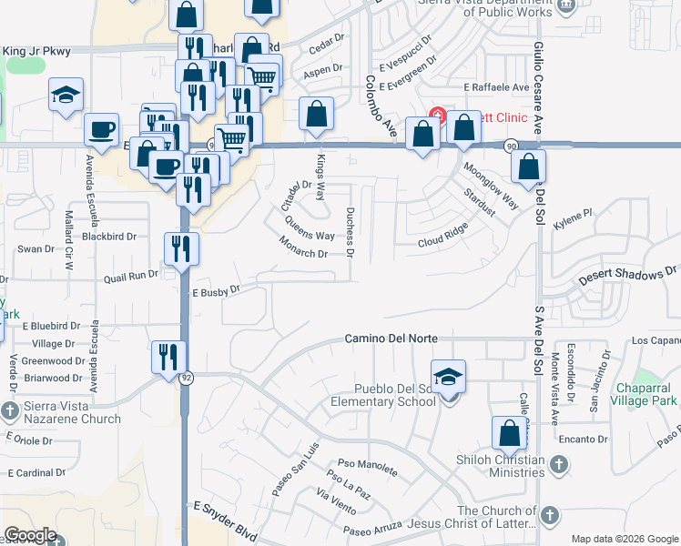 map of restaurants, bars, coffee shops, grocery stores, and more near 4669 Desert Springs Trail in Sierra Vista