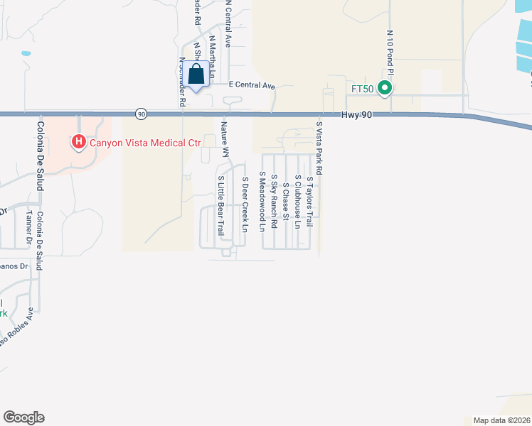 map of restaurants, bars, coffee shops, grocery stores, and more near 559 South Meadowood Lane in Sierra Vista