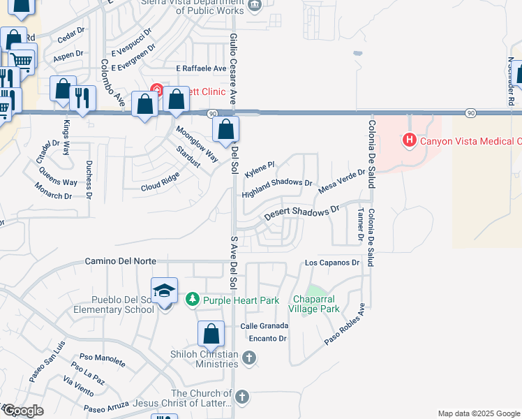 map of restaurants, bars, coffee shops, grocery stores, and more near 5277 Cedar Springs Drive in Sierra Vista