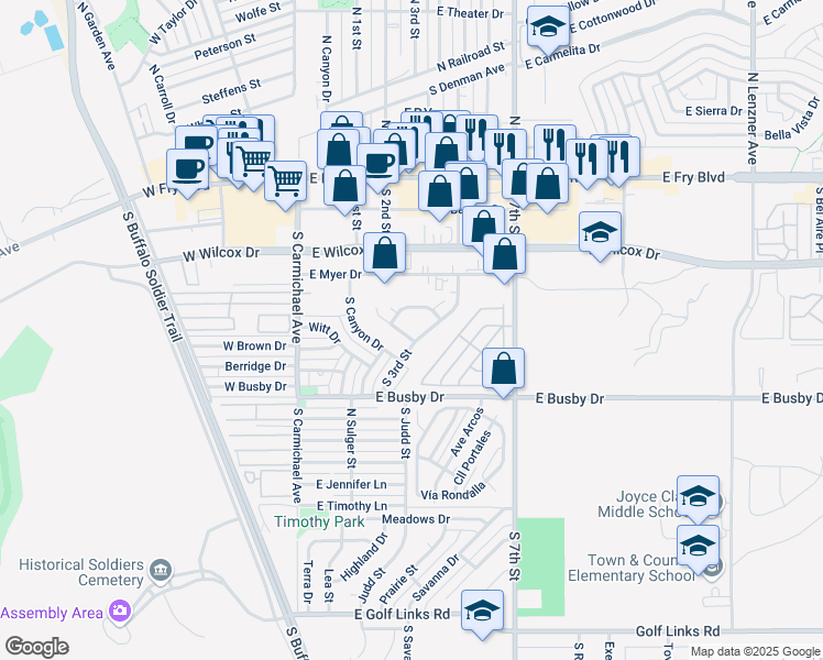 map of restaurants, bars, coffee shops, grocery stores, and more near 590 Camino Mojado in Sierra Vista