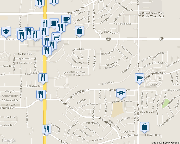 map of restaurants, bars, coffee shops, grocery stores, and more near 547 Duchess Drive in Sierra Vista