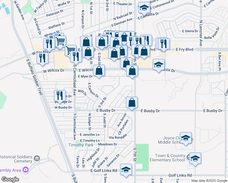 map of restaurants, bars, coffee shops, grocery stores, and more near 590 Camino Mojado in Sierra Vista