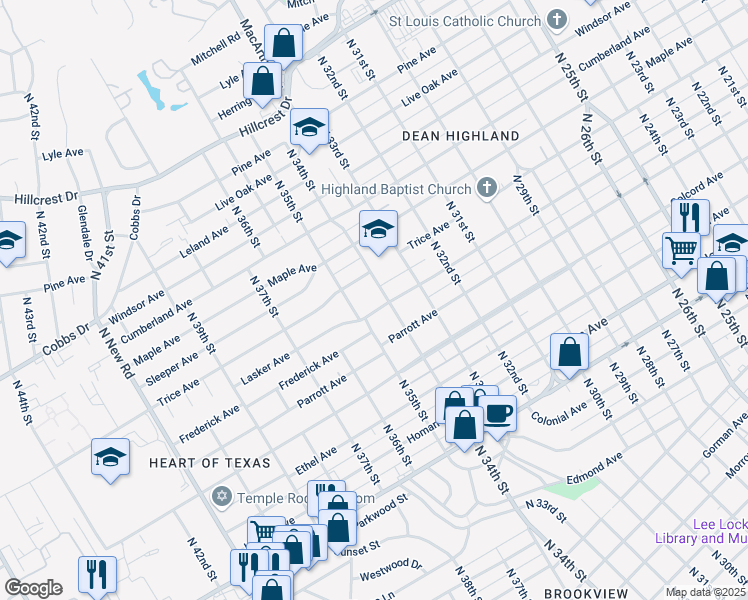 map of restaurants, bars, coffee shops, grocery stores, and more near 3409 Lasker Ave in Waco