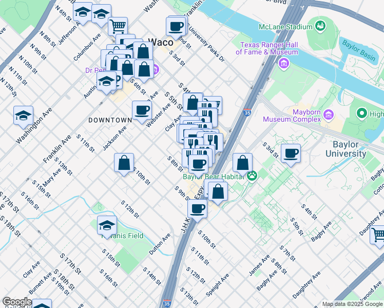 map of restaurants, bars, coffee shops, grocery stores, and more near 812 South 7th Street in Waco