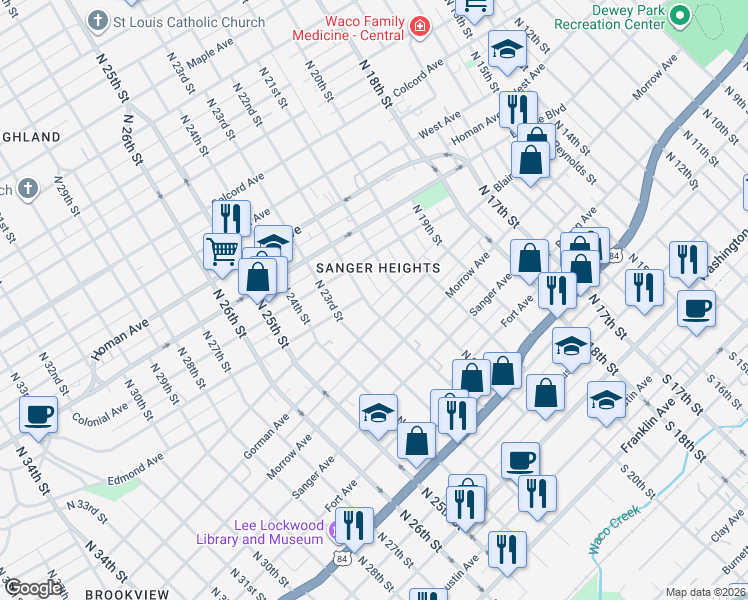 map of restaurants, bars, coffee shops, grocery stores, and more near 925 North 22nd Street in Waco