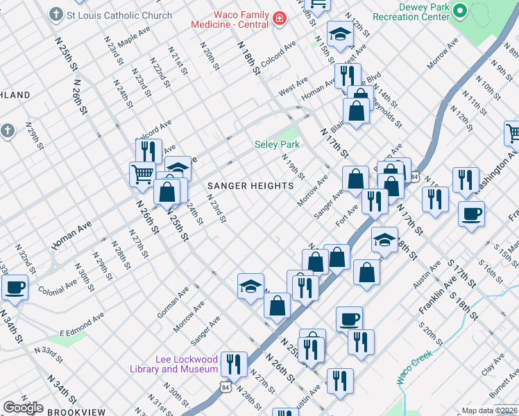 map of restaurants, bars, coffee shops, grocery stores, and more near 2100 Gorman Avenue in Waco