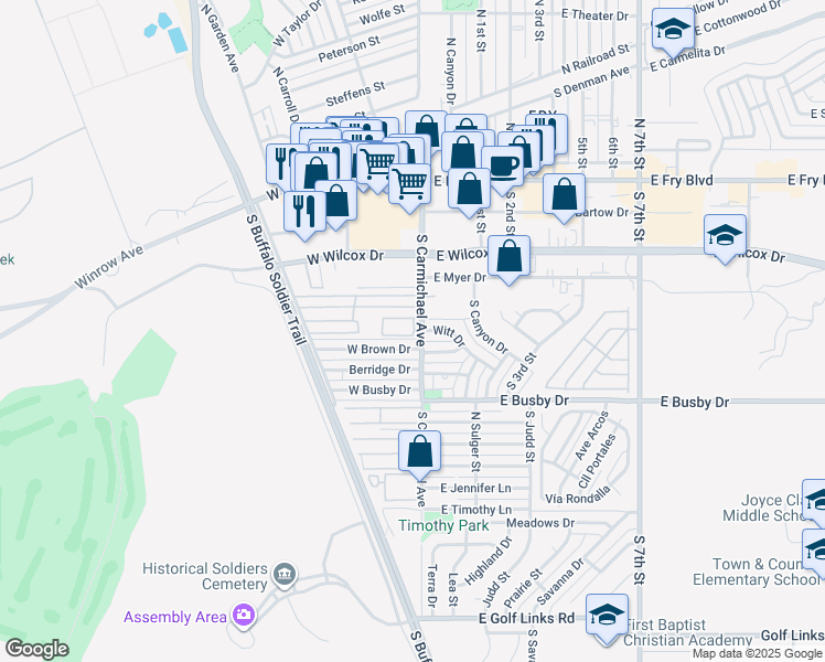map of restaurants, bars, coffee shops, grocery stores, and more near 10 Witt Drive in Sierra Vista