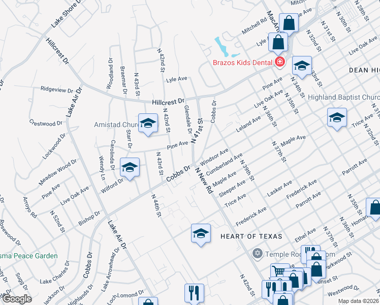 map of restaurants, bars, coffee shops, grocery stores, and more near 2212 North 41st Street in Waco