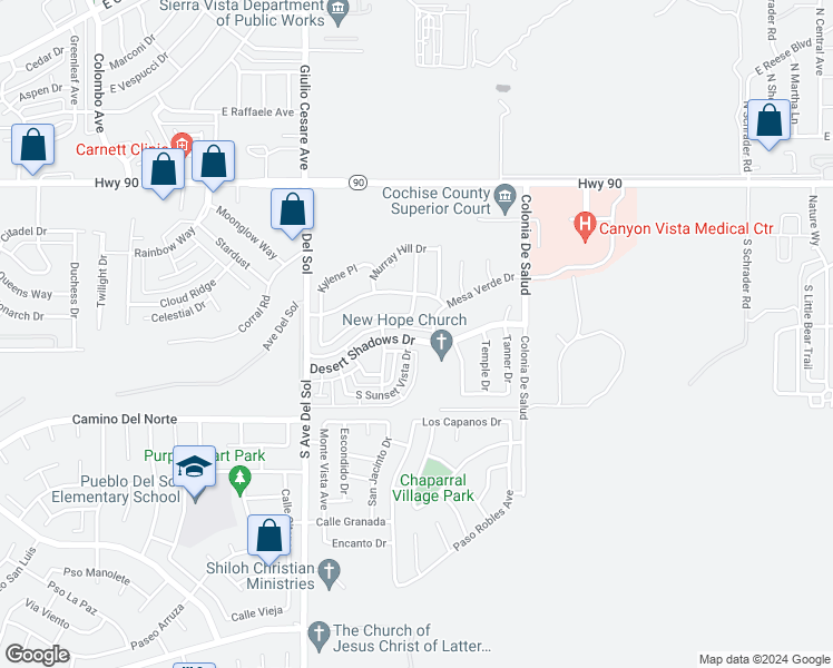 map of restaurants, bars, coffee shops, grocery stores, and more near 5409 Desert Shadows Drive in Sierra Vista