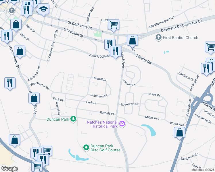 map of restaurants, bars, coffee shops, grocery stores, and more near 1801-1817 Wheeler Drive in Natchez