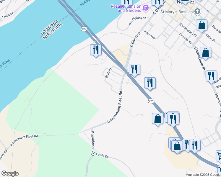 map of restaurants, bars, coffee shops, grocery stores, and more near 16 Oscar Street in Natchez