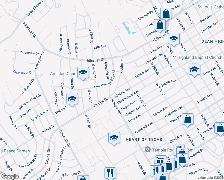 map of restaurants, bars, coffee shops, grocery stores, and more near 2209 North 41st Street in Waco