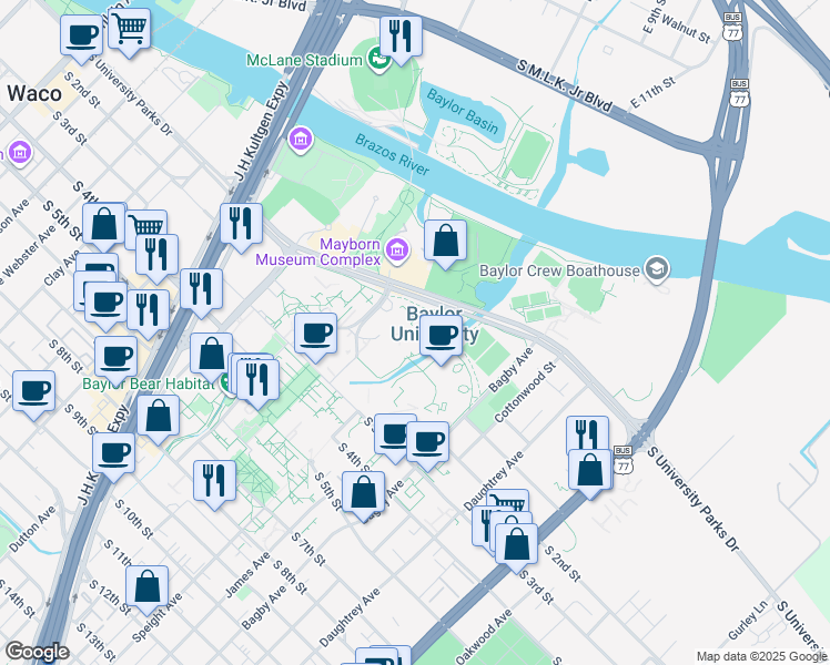 map of restaurants, bars, coffee shops, grocery stores, and more near 1301 South University Parks Drive in Waco