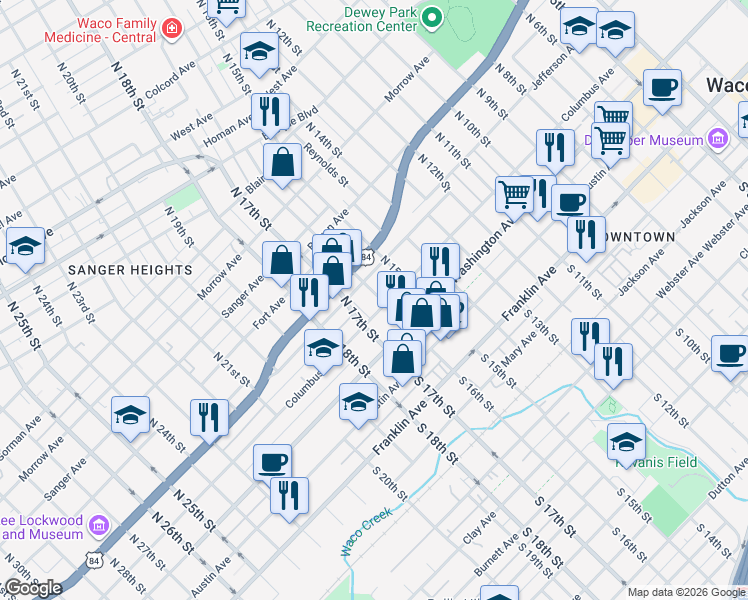 map of restaurants, bars, coffee shops, grocery stores, and more near 1601 Columbus Avenue in Waco