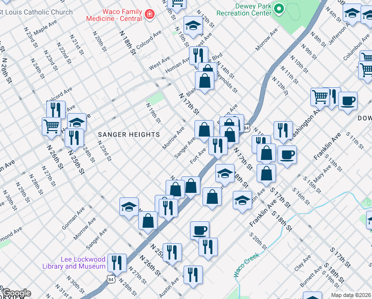 map of restaurants, bars, coffee shops, grocery stores, and more near 1909 Sanger Avenue in Waco