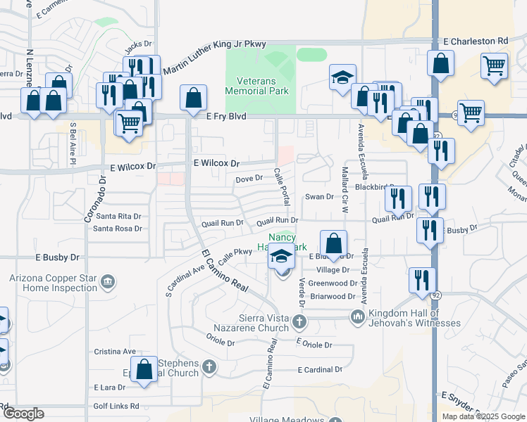 map of restaurants, bars, coffee shops, grocery stores, and more near 2965 Quail Run Drive in Sierra Vista