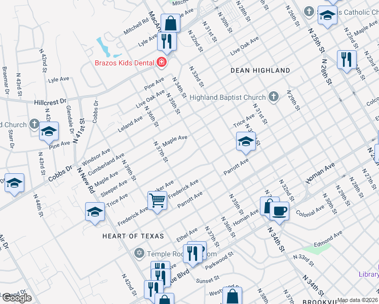 map of restaurants, bars, coffee shops, grocery stores, and more near 3525 Trice Avenue in Waco