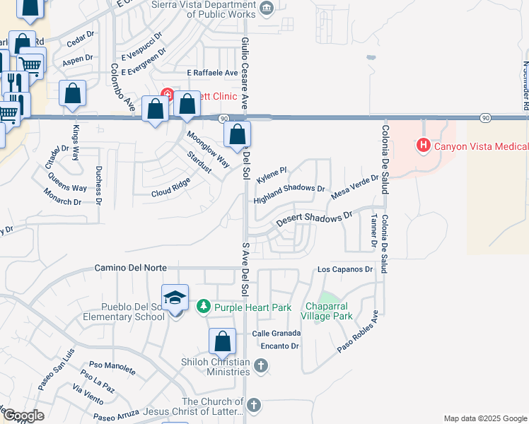map of restaurants, bars, coffee shops, grocery stores, and more near 5277 Cedar Springs Drive in Sierra Vista