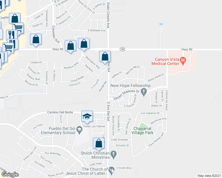 map of restaurants, bars, coffee shops, grocery stores, and more near 5212 Cedar Springs Drive in Sierra Vista