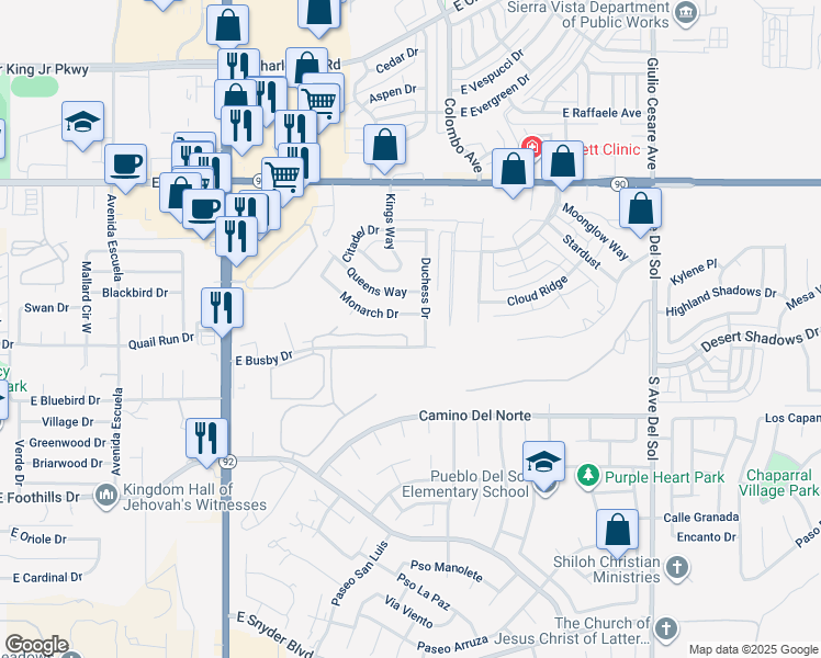 map of restaurants, bars, coffee shops, grocery stores, and more near 4643 Desert Springs Trail in Sierra Vista