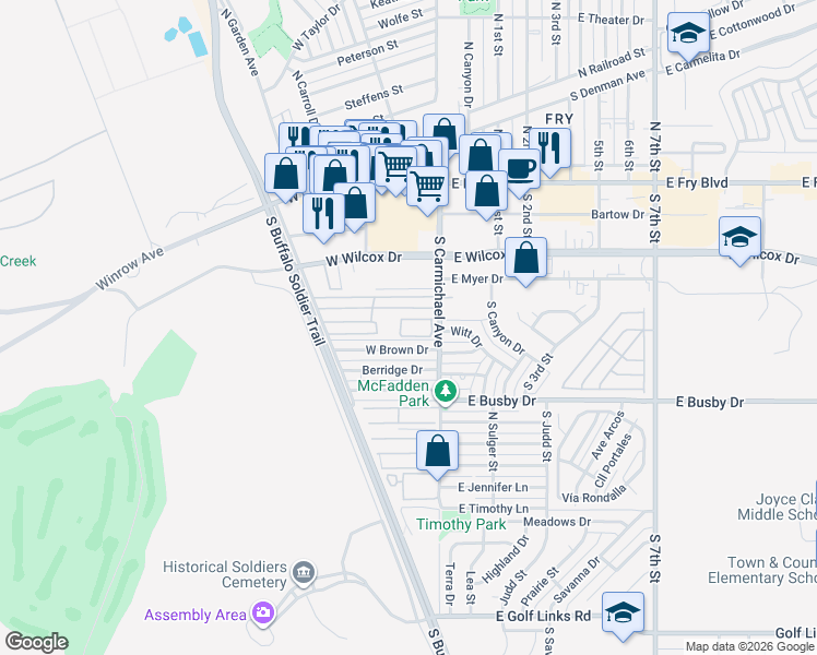 map of restaurants, bars, coffee shops, grocery stores, and more near 500 South Carmichael Avenue in Sierra Vista