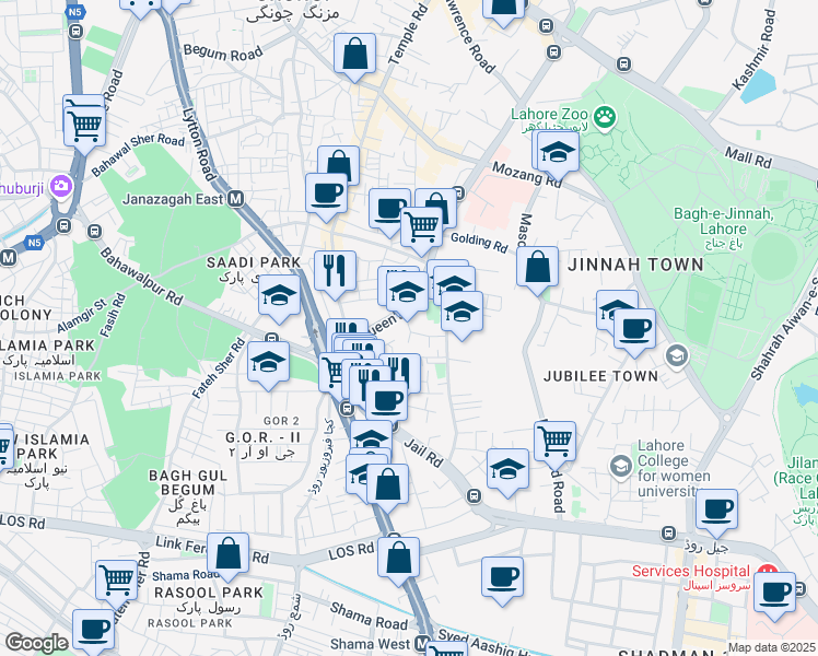 map of restaurants, bars, coffee shops, grocery stores, and more near Waris Road in Lahore