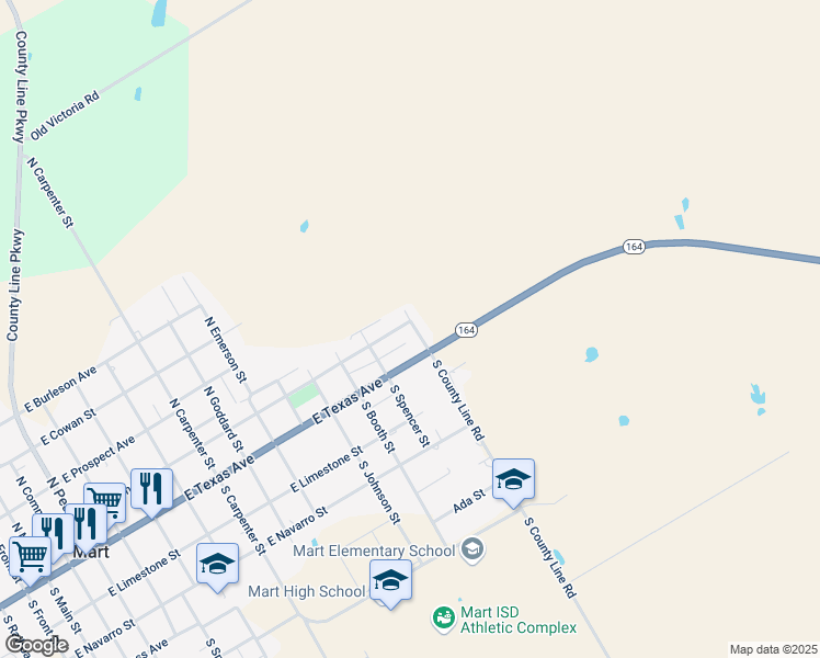 map of restaurants, bars, coffee shops, grocery stores, and more near 1601 East Texas Avenue in Mart
