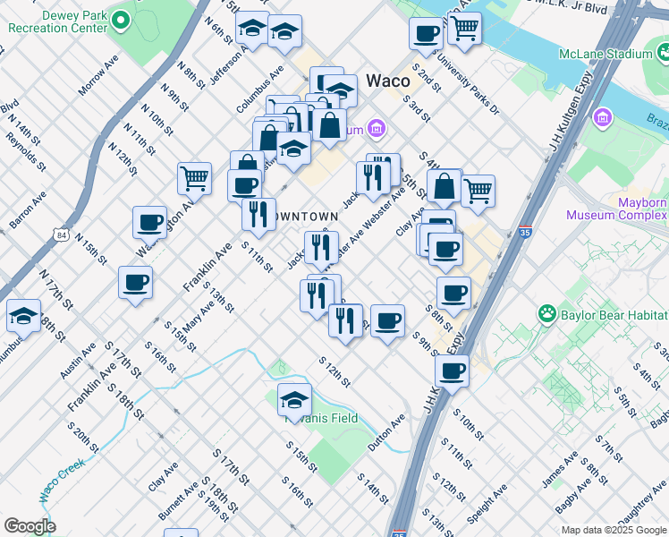 map of restaurants, bars, coffee shops, grocery stores, and more near 905 Clay Avenue in Waco